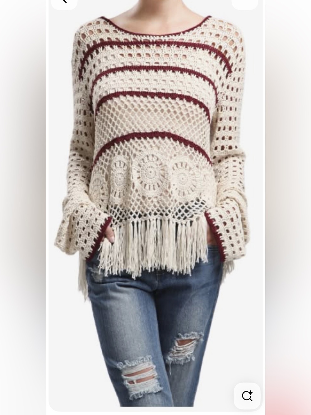 Blu Pepper Creme/Burgundy Crochet Knit Hooded Fringed Hem Boho Sweater Size M